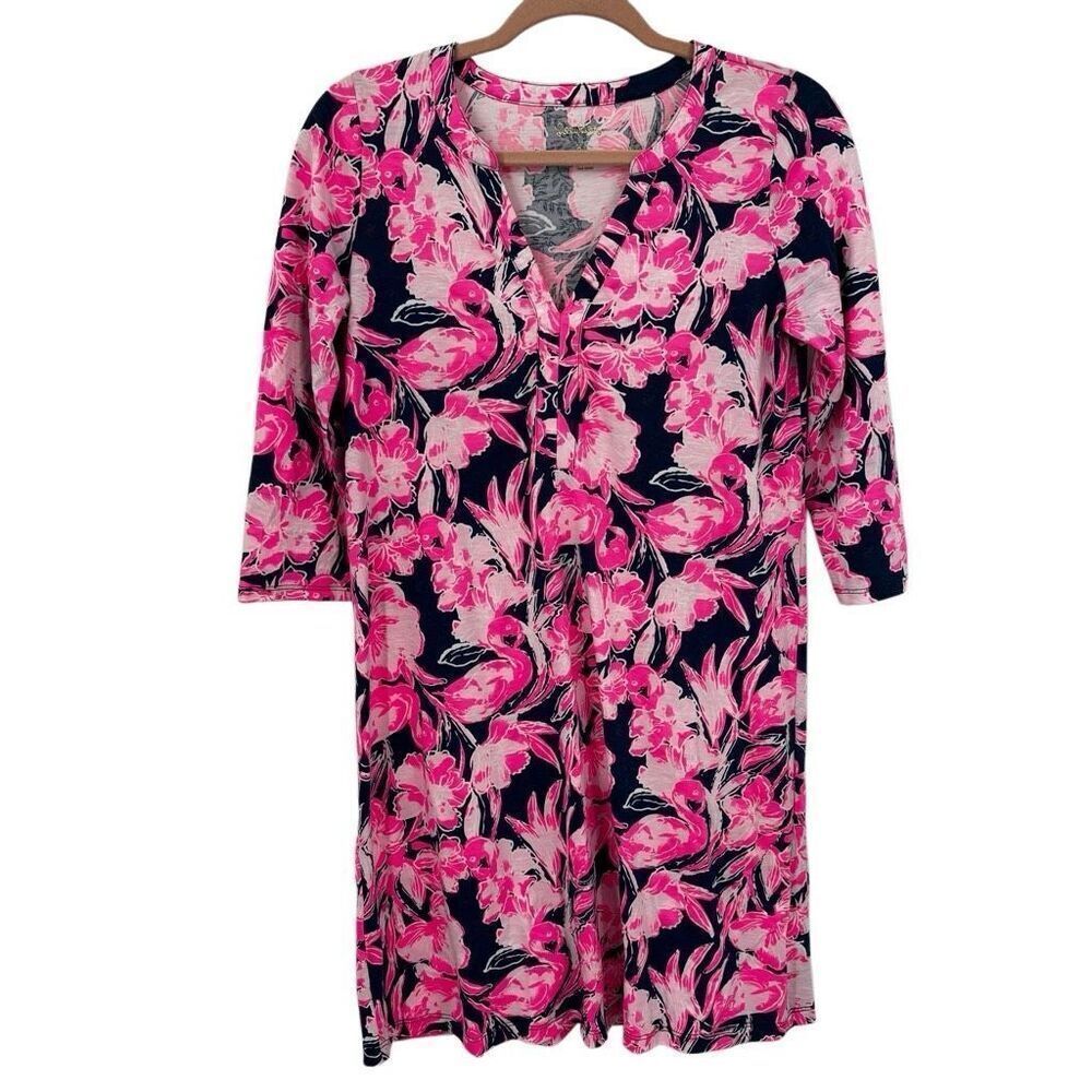Lilly‎ Pulitzer V-neck Floral Flamingo 3/4 Sleeve Dress Blue/Pink Size XS